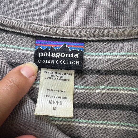 Patagonia Organic Cotton Polo Shirt Gray Striped Short Sleeve Mens Medium - Picture 8 of 11